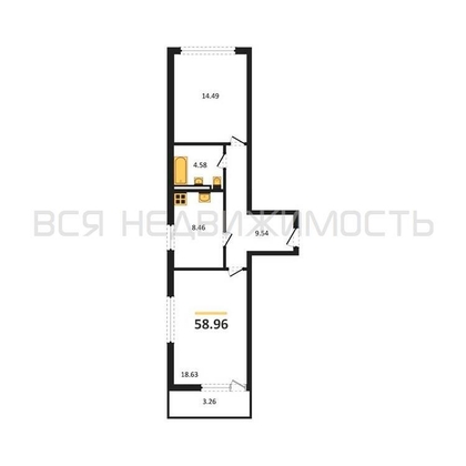 2-комнатная квартира, 58.96кв.м - изображение