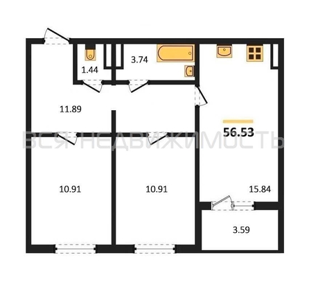 2-комнатная квартира, 56.53кв.м - изображение