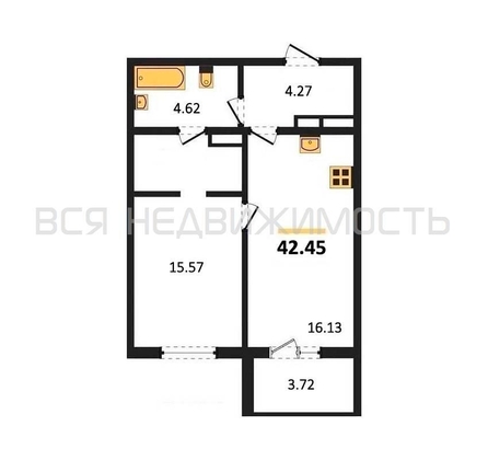 1-комнатная квартира, 42.45кв.м - изображение