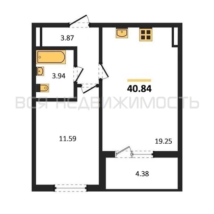 1-комнатная квартира, 40.84кв.м - изображение