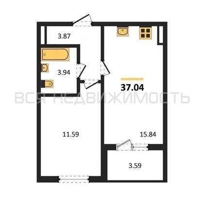 1-комнатная квартира, 37.04кв.м - изображение