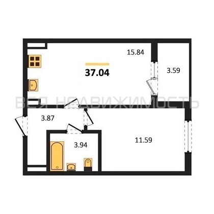 1-комнатная квартира, 37.04кв.м - изображение
