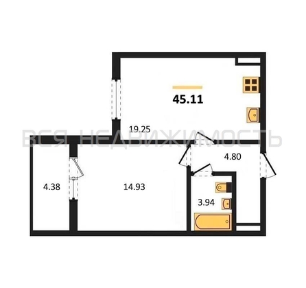 1-комнатная квартира, 45.11кв.м - изображение