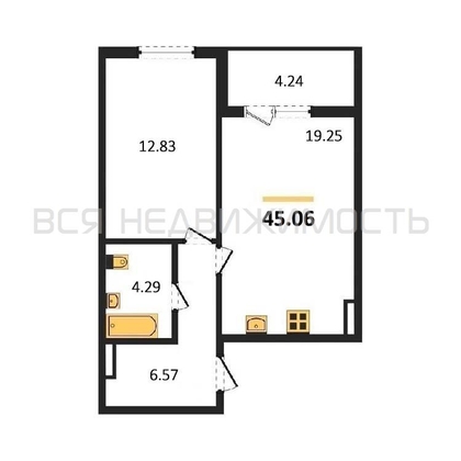 1-комнатная квартира, 45.06кв.м - изображение