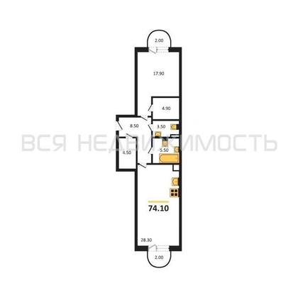 1-комнатная квартира, 74.1кв.м - изображение