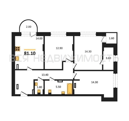 3-комнатная квартира, 81.1кв.м 3-комнатная квартира, 81.1кв.м - изображение
