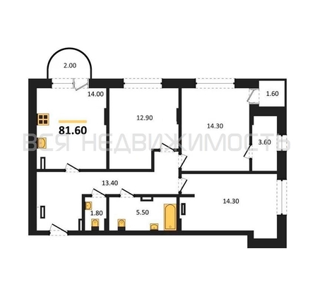 3-комнатная квартира, 81.6кв.м - изображение