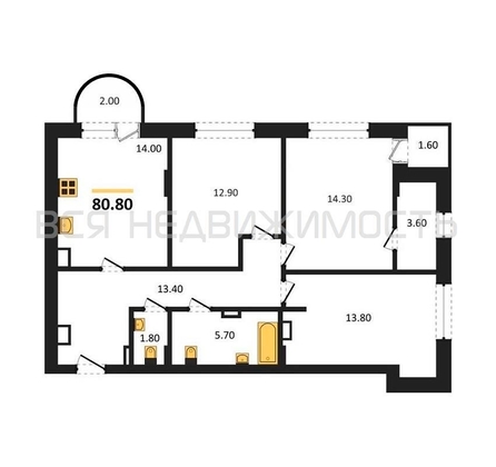 3-комнатная квартира, 80.8кв.м 3-комнатная квартира, 80.8кв.м - изображение