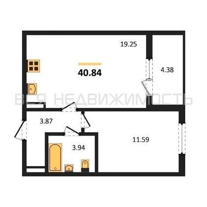 1-комнатная квартира, 40.84кв.м - изображение