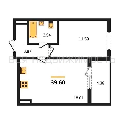 1-комнатная квартира, 39.6кв.м - изображение