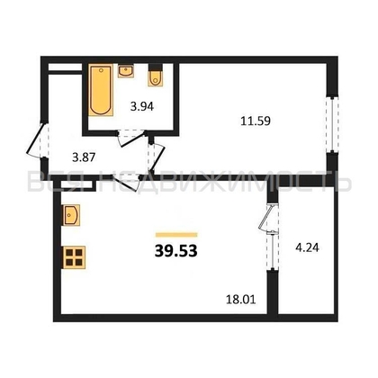 1-комнатная квартира, 39.53кв.м - изображение