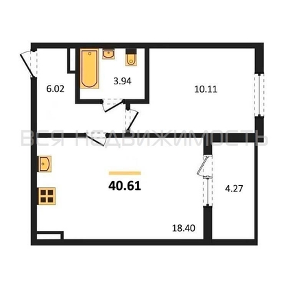 1-комнатная квартира, 40.61кв.м - изображение