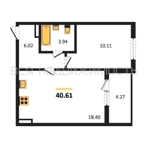 1-комнатная квартира, 40.61кв.м - изображение 0