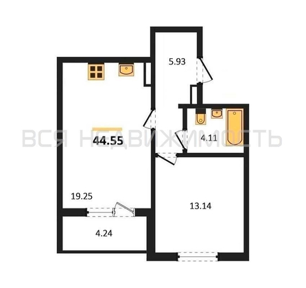 1-комнатная квартира, 44.55кв.м - изображение