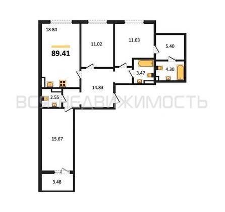 3-комнатная квартира, 89.41кв.м - изображение