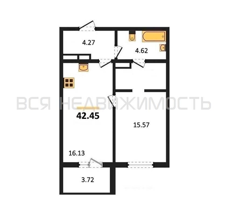 1-комнатная квартира, 42.45кв.м - изображение