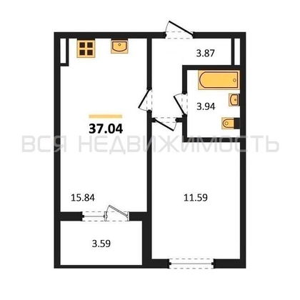 1-комнатная квартира, 37.04кв.м - изображение
