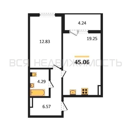 1-комнатная квартира, 45.06кв.м - изображение