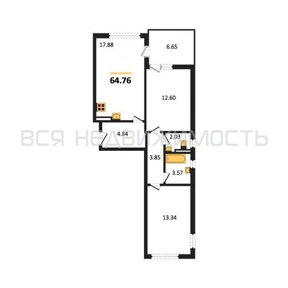 2-комнатная квартира, 64.76кв.м - изображение