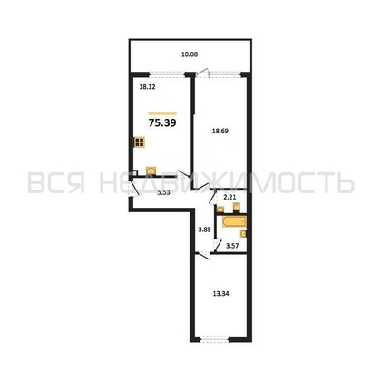 2-комнатная квартира, 75.39кв.м - изображение