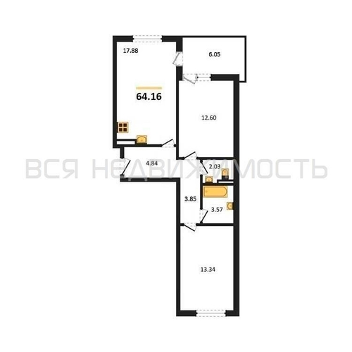 2-комнатная квартира, 64.16кв.м - изображение 0