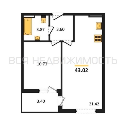 1-комнатная квартира, 43.02кв.м - изображение