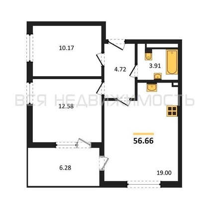3-комнатная квартира, 56.66кв.м - изображение