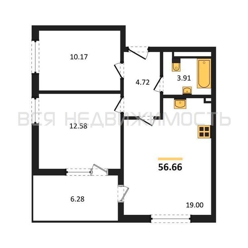 3-комнатная квартира, 56.66кв.м - изображение 0