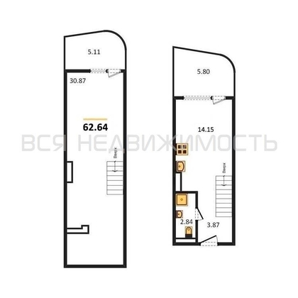 1-комнатная квартира, 62.64кв.м - изображение