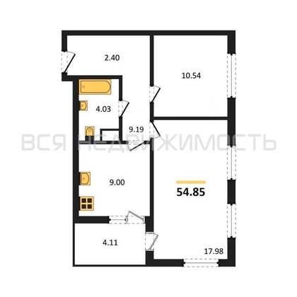 2-комнатная квартира, 54.85кв.м - изображение