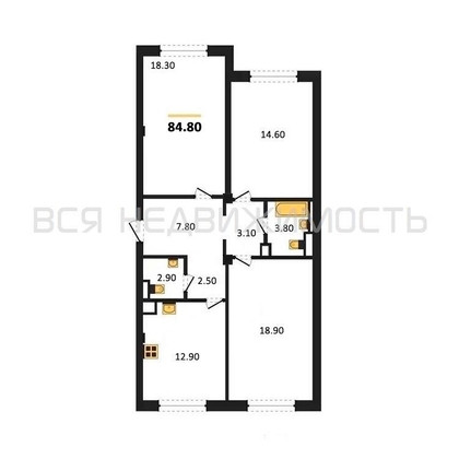 3-комнатная квартира, 84.8кв.м - изображение