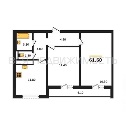 2-комнатная квартира, 61.6кв.м - изображение