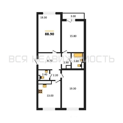 3-комнатная квартира, 88.9кв.м - изображение