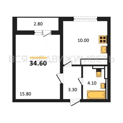 1-комнатная квартира, 34.6кв.м - изображение 0