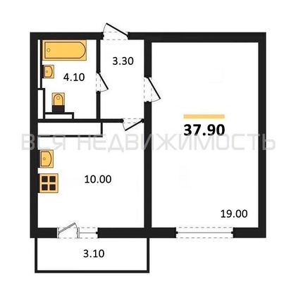 1-комнатная квартира, 37.9кв.м - изображение