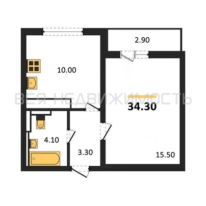 1-комнатная квартира, 34.3кв.м - изображение