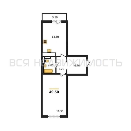 1-комнатная квартира, 49.5кв.м - изображение