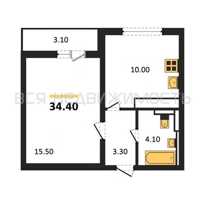 1-комнатная квартира, 34.4кв.м - изображение