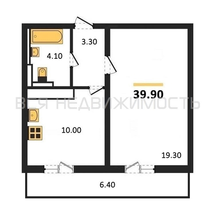 1-комнатная квартира, 39.9кв.м - изображение
