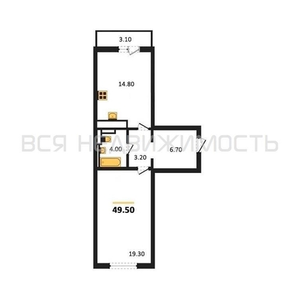 1-комнатная квартира, 49.5кв.м - изображение