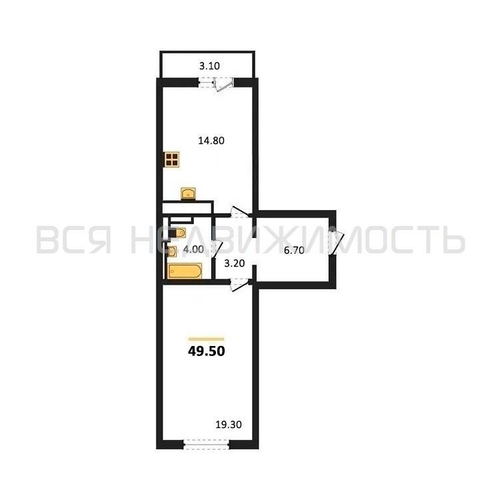 1-комнатная квартира, 49.5кв.м - изображение 0