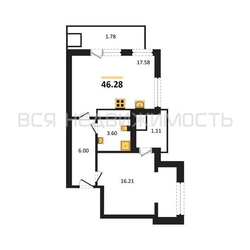 1-комнатная квартира, 46.28кв.м 1-комнатная квартира, 46.28кв.м - изображение 1