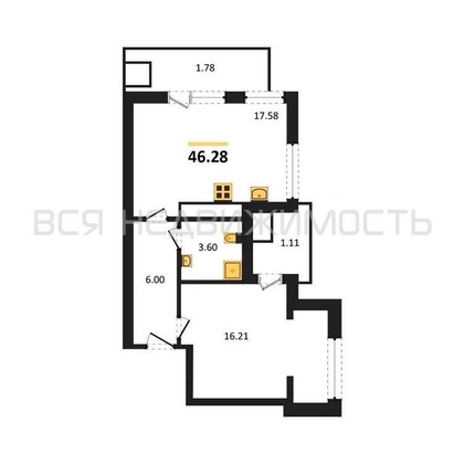 1-комнатная квартира, 46.28кв.м - изображение