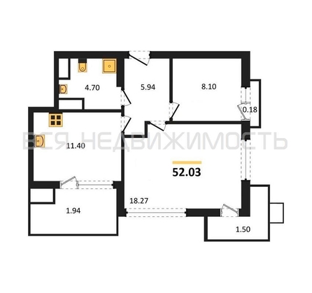 2-комнатная квартира, 52.03кв.м - изображение