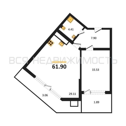 1-комнатная квартира, 61.9кв.м - изображение