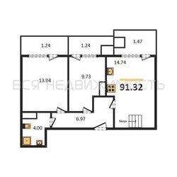 2-комнатная квартира, 91.32кв.м 2-комнатная квартира, 91.32кв.м - изображение 1