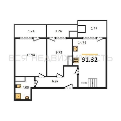 2-комнатная квартира, 91.32кв.м - изображение