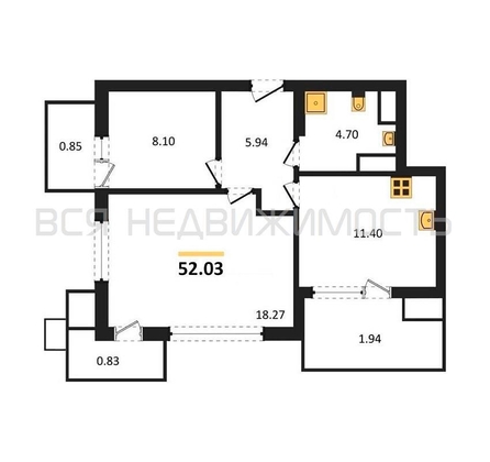 2-комнатная квартира, 52.03кв.м - изображение