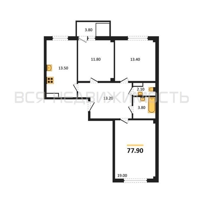 3-комнатная квартира, 79.9кв.м 3-комнатная квартира, 79.9кв.м - изображение