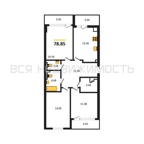 3-комнатная квартира, 78.85кв.м - изображение 0